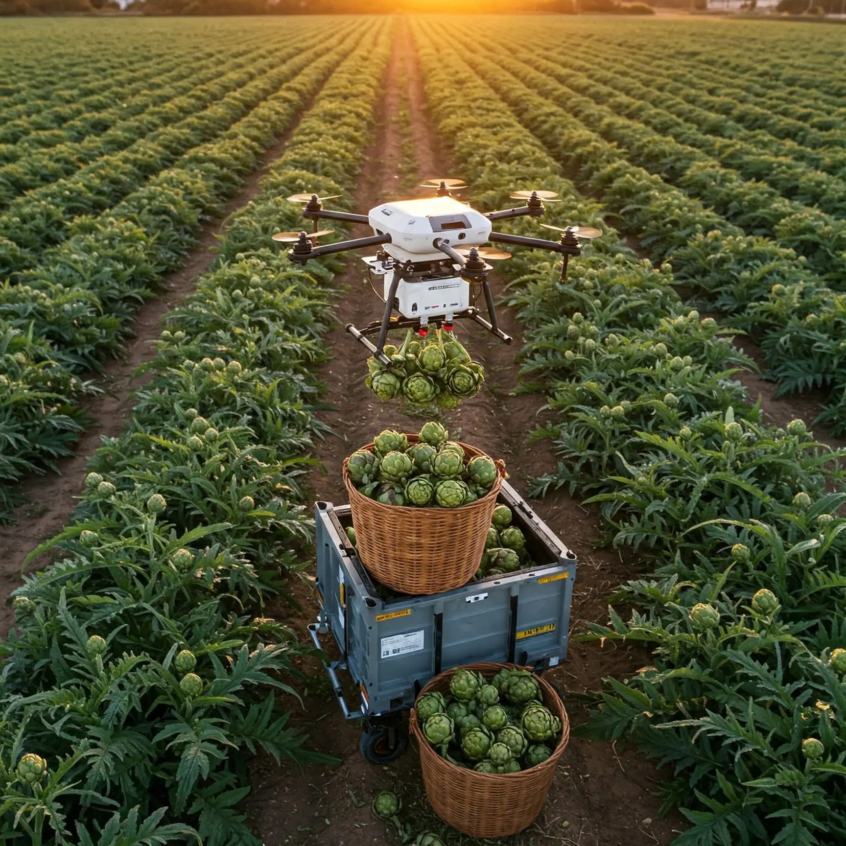 Drone scarica i carciofi nel container