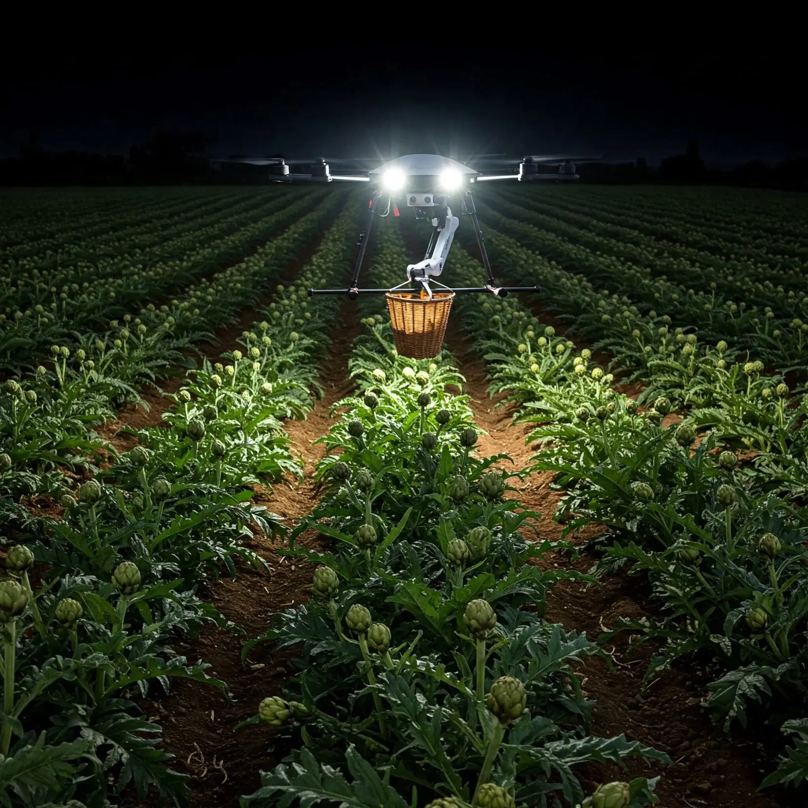 Drone raccolta carciofi di sera